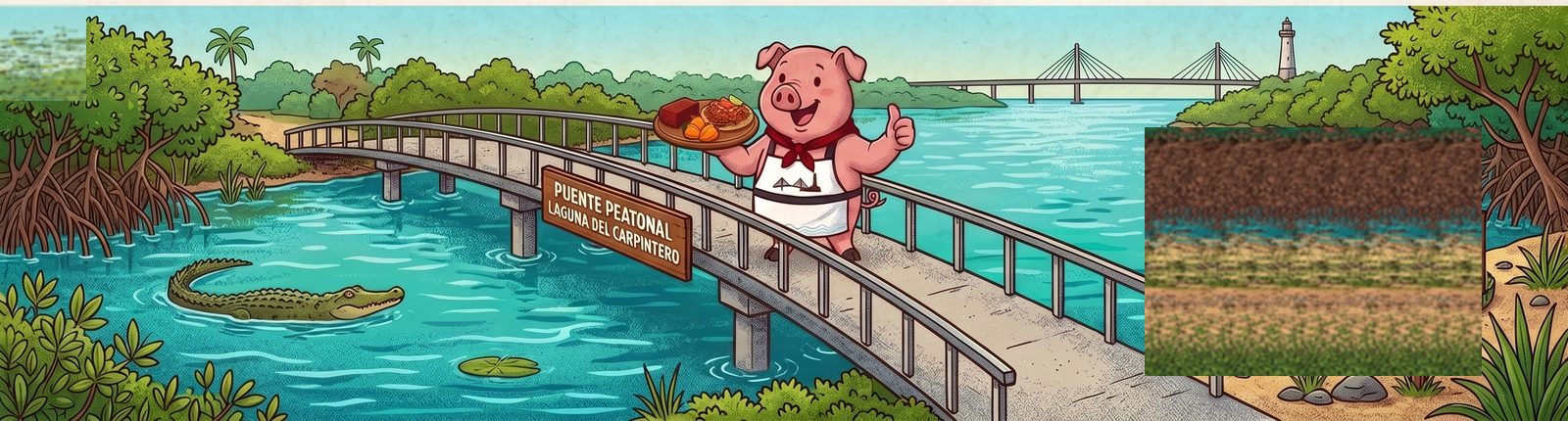 Ilustración del cerdito de Pib-il en el puente peatonal de la Laguna del Carpintero con cocodrilos